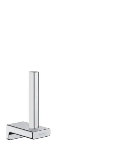Ersatzpapierrollenhalter aus verchromtem Material von Hansgrohe, mit einem schlanken, rechteckigen Design und stabiler Basis.